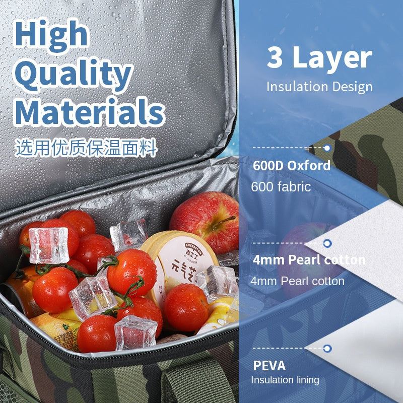 Outdoor Double-Layer Cooler Bag with Camouflage Design, Large Capacity Shoulder Tote for Picnics and Food Delivery