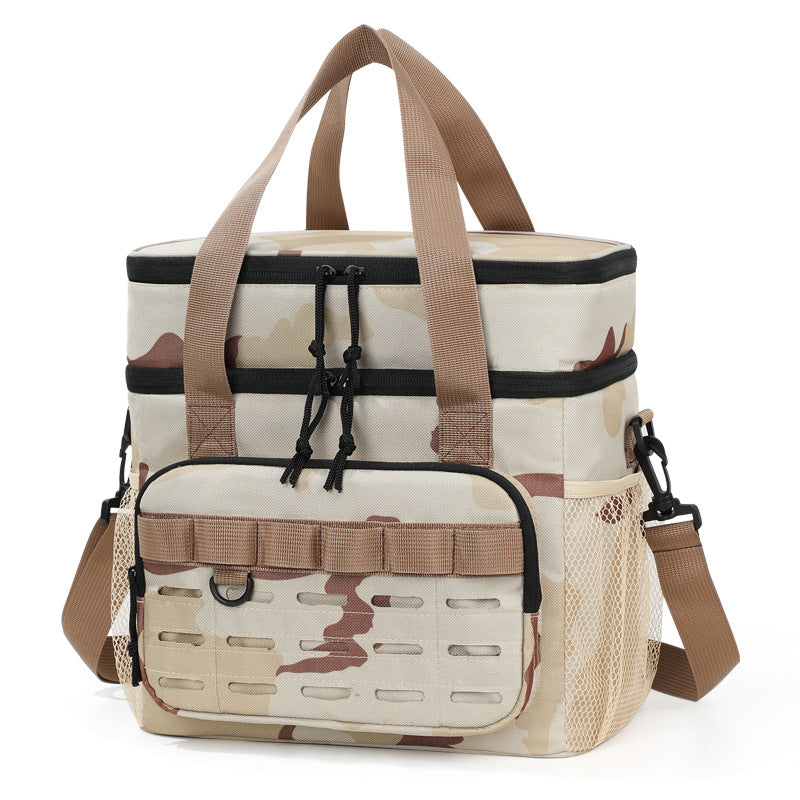 Outdoor Double-Layer Cooler Bag with Camouflage Design, Large Capacity Shoulder Tote for Picnics and Food Delivery